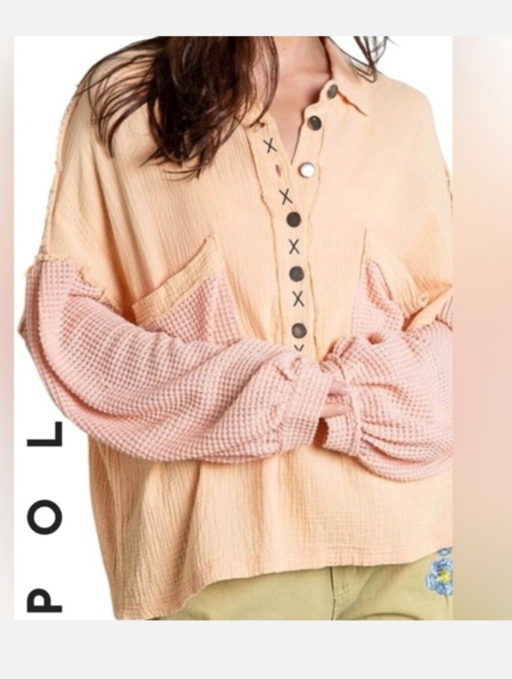 POL Peach and Pink Textured Button Pullover Blouse